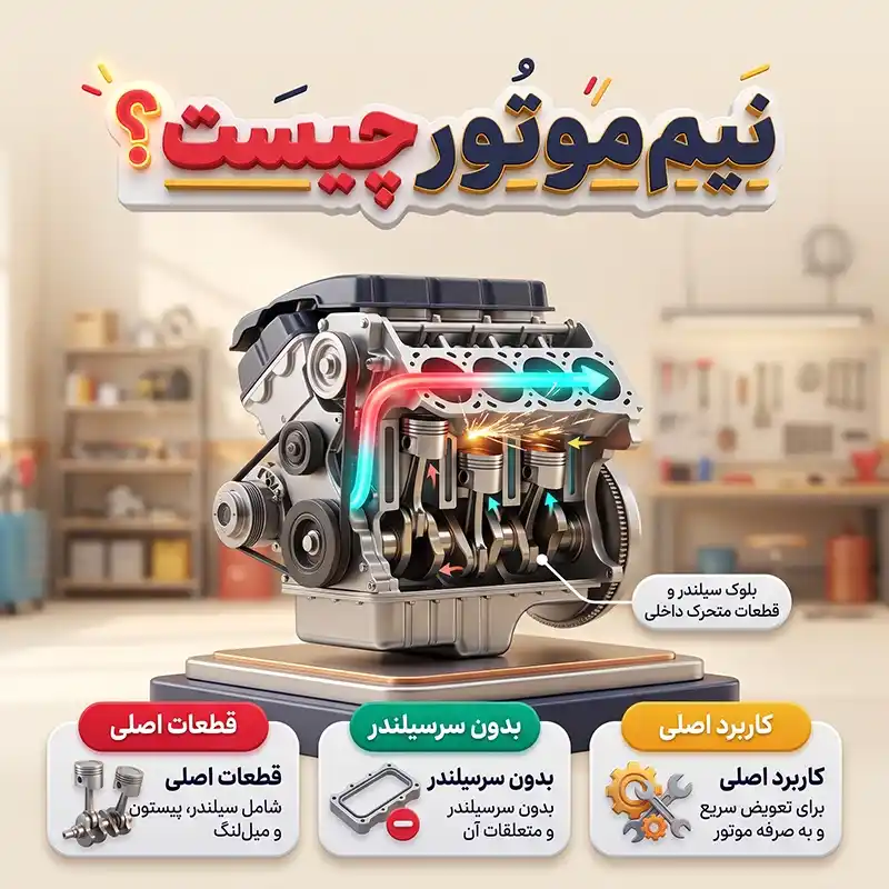 نیم موتور شامل چه قطعاتی است؟ معرفی کامل اجزا و وظایف آن‌ها